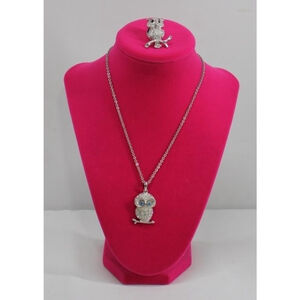 2Pc Owl Necklace & Brooch Set Silver Blue